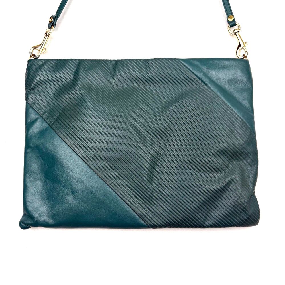 Vintage 80s Teal Green Leather Crossbody Bag Ribbed Clutch Made in USA
